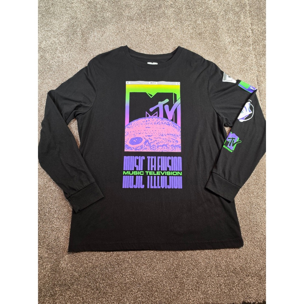 MTV Music Television Mens Long Sleeve Graphic Tee Black Neon Vaporwave Large
